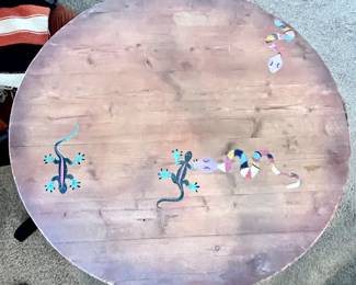 Handcrafted rustic side table with hand-painted southwestern art.