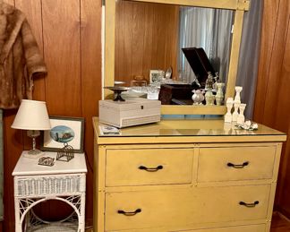 Vintage Wicker Accent Table & Dresser With Mirror