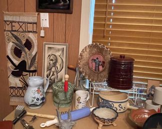 Vintage Mexico Bootjack, Made In Italy Floral Pitcher, Vintage Kitchen Utensils, Horton Ceramics Covered Dish