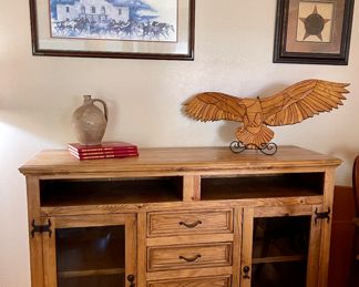 Rustic Console Cabinet, & Large Wooden Wall Hanging Eagle, Signed Benjamin Knox Print