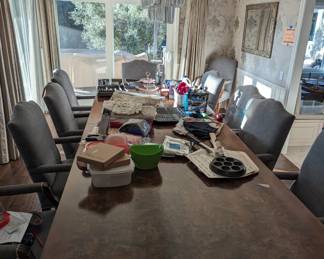 
dinning table is made in Michigan it has a wonderful steel ball bearing &nbsp;movement for adding the leaves, you don't have to move the legs. it is Capetian burl wood, I had the two leaves made for the table by local craftsman Amal McNew at McFinn design