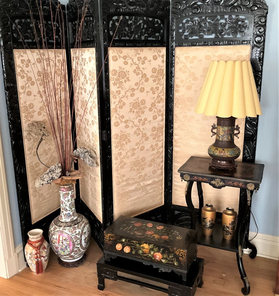 Antique 4 sectioned carved screen with upholstered fabric panels