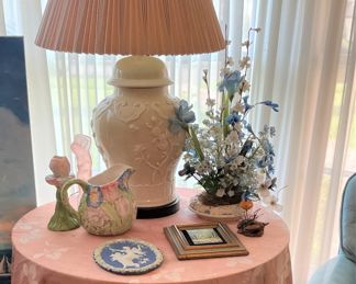 Custom table topper; one of two matching lamps