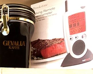 Gevalia coffee canister; Brookstone Grill Alert Talking Remote Meat Thermometer