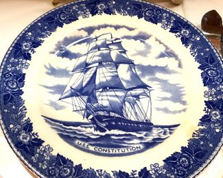 One of the many blue & white plates available - The USS Constitution, also known as Old Ironsides, is a three-masted wooden-hulled heavy frigate of the United States Navy. She is the world's oldest ship still afloat.
