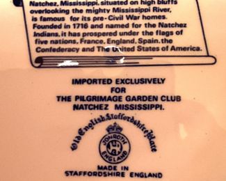 This Staffordshire (England) plate was imported exclusively for The Pilgrimage Garden Club of Natchez, Mississippi.