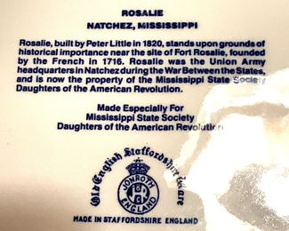 Rosalie, built by Peter Little, in 1820. The Old English Staffordshire plate was made especially for Mississippi State Society Daughters of the American Revolution.