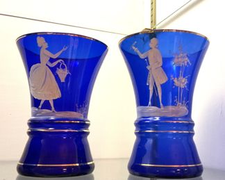 Mary Gregory cobalt blue vases (Old Mary Gregory  glassware was made between 1879 to 1939) 