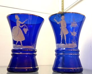 Mary Gregory cobalt blue vases (Old Mary Gregory glassware was made between 1879 to 1939)