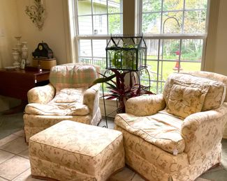 Coordinating club chairs and ottoman; bird cage décor
