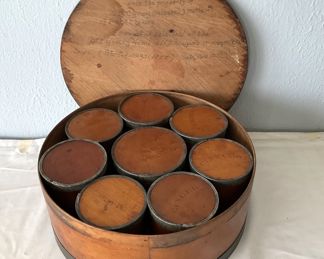 Old spices - dated 1858 - bentwood round spice bin with 8 cannisters