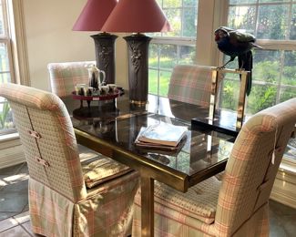 Brass and glass rectangular dining table; 4 custom upholstered parson chairs
