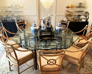 Octagon glass top dining table with 8 bamboo chairs