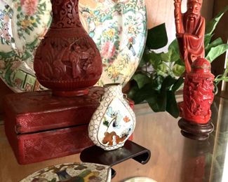 Hand carved cinnabar vase and figures; Asian snuff bottle