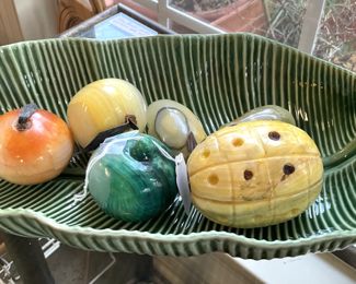 Green ware dish; polished stone fruit