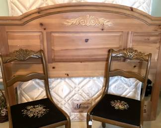 Full headboard; needlepoint seat parlor chairs
