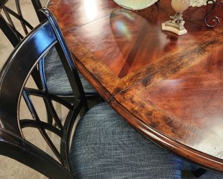 BEAUTIFUL PEDESTAL BASE DINNING TABLE LARGE LEAF & 6 CHAIRS (BLUE UPHOLSTERY)