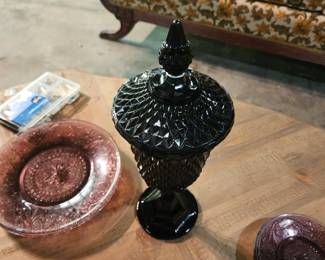 Gorgeous Indiana glass black onyx dimond pattern candy compote