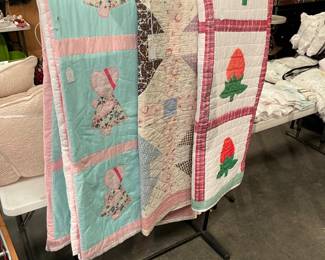 3 great vintage quilts, 2 are applique,  Sue Bonnet Sue , and Strawberry 
