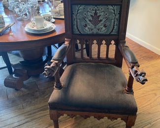 Set of 4 Oak Wolf Carved Antique Arm Chairs