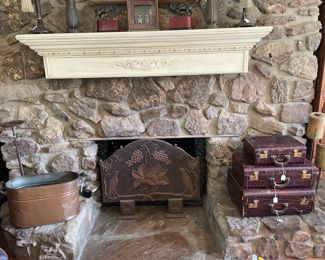 Alligator Leather Suitcases, Arts and Crafts Fire Screen,  Antique Copper Boiler