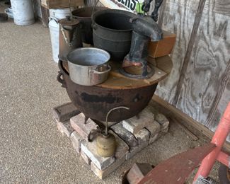  ANOTHER  GREAT IRON WASH POT, AND WELL PUMP, METAL HAMBURGER  SIGN