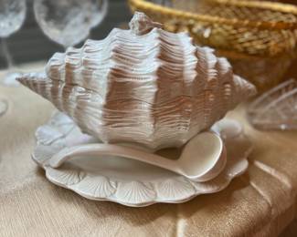 Vtg.Pearl like Sea shell soup tureen with ladle and platter