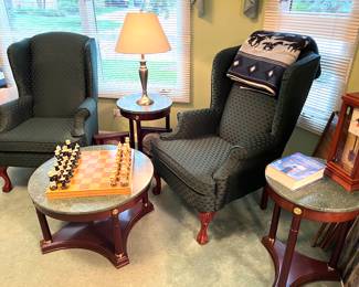 Matching wing back chairs 2 of 3 matching Bombay tables w/marble tops and matching Bombay coffee table