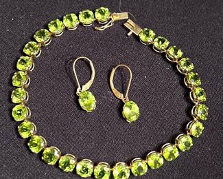 14K and Peridot tennis bracelet with matching earrings