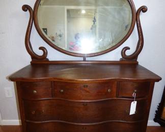 Antique Serpentine Dresser with Mirror
