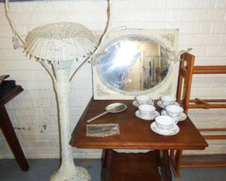 Antique Wicker Flower Stand, Oak table, Mirror etc