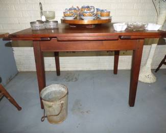 Walnut Table with slide-out leaves, galvanized well bucket
