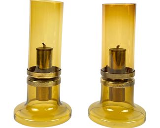 Pair of Hans Agne Jakobsson Amber Glass Oil Lamps