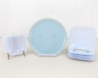 9 Piece Lot of Fire King Delphite Bowl, Plate and Saucers	
