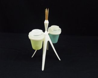 Mid Century Tupperware Atomic&nbsp;Salt and Pepper Shakers with Toothpick Holder	