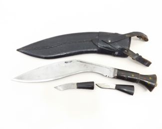 Large 12" Vintage&nbsp;Bone Handled Kukri Knife w/2 Smaller Knives In Leather Sheath	
