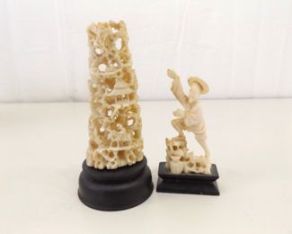 2 VERY DETAILED Antique Bone Carved Mounted Asian Figurines	
