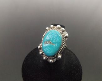 .925 Sterling Silver Turquoise Cabochon Ring Size 6.5	
