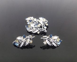 Vintage Coro Silver Rhinestone Brooch and Clip Earring Set	
