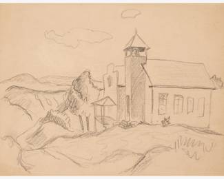 56: Thomas Hart Benton "Church on a Hill" Graphite (ca. 1930s)