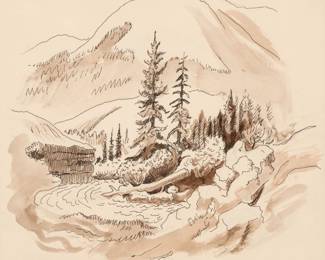13: Thomas Hart Benton "Wyoming Landscape" Ink & Watercolor (ca. 1963)