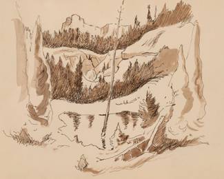 3: Thomas Hart Benton "Mountain Pool" Ink & Watercolor (ca. 1963)