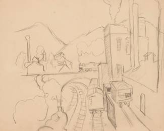 80: Thomas Hart Benton "Study of Trains on Track" Graphite (ca. 1928)