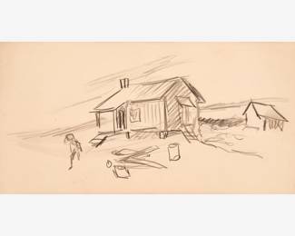 58: Thomas Hart Benton "Sketch of Farm House, Missouri Flood" Crayon (1936)
