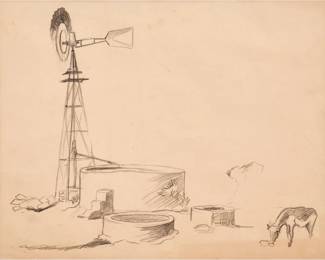17: Thomas Hart Benton "Windmill, Water Trough, and Cow" Graphite (ca. 1951)