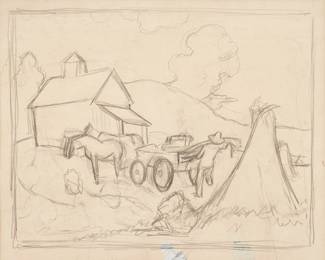 19: Thomas Hart Benton "Farmer Unloading Wagon" Graphite (1945)