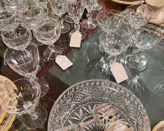 “Cutmiter” by Libby/ Rock Crystal 
12 waters , 12 icers w/ 11 inserts, 10 champagnes, 8 wines and Shannon crystal salad bowl and serving spoons 
