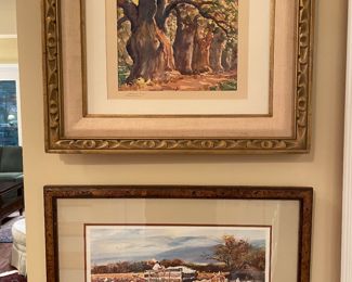 Top: Louisiana artist Charles Oglesby Longabaugh watercolor of trees dated 1941
Bottom Jack DeLoney Cotton Wagon signed print 