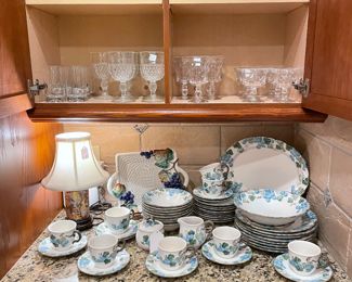 Metlox “ Scupted Grape” dinnerware and Fostoria Jamestown crystal 