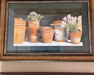 Unsigned Montgomery artist Paulette Riley gouache still life of flower pots 